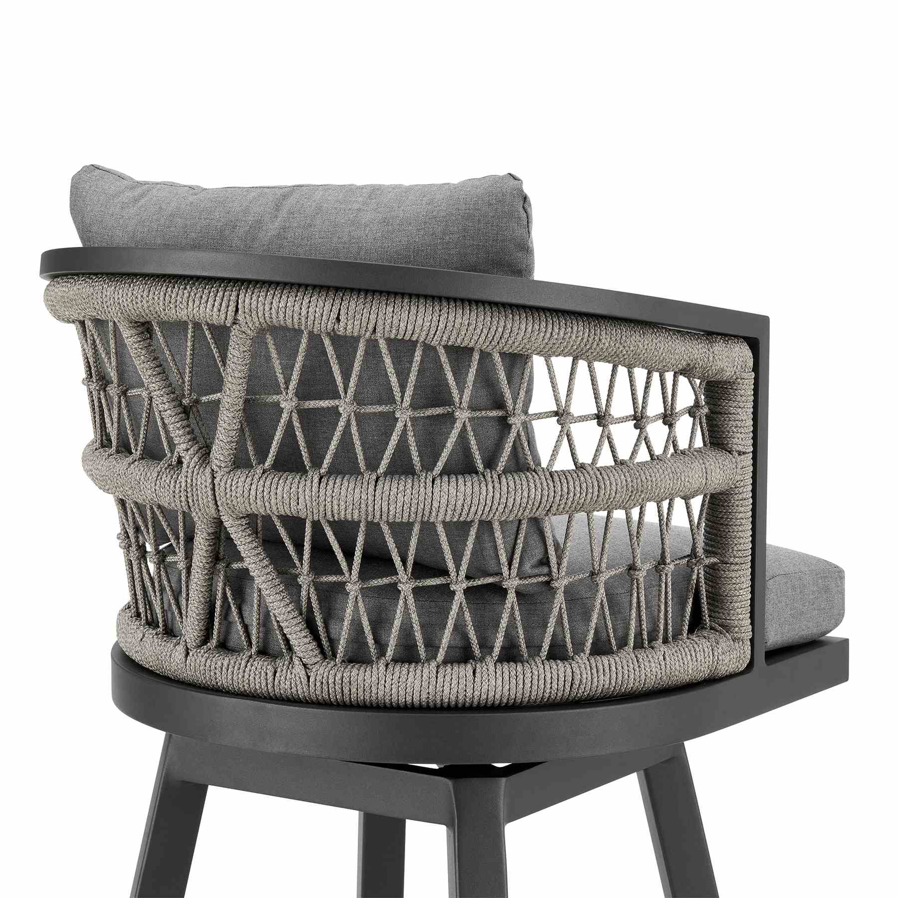 Zella Outdoor Patio Swivel Counter Stool in Aluminum with Light Gray Rope and Earl Gray Cushions - Image 5