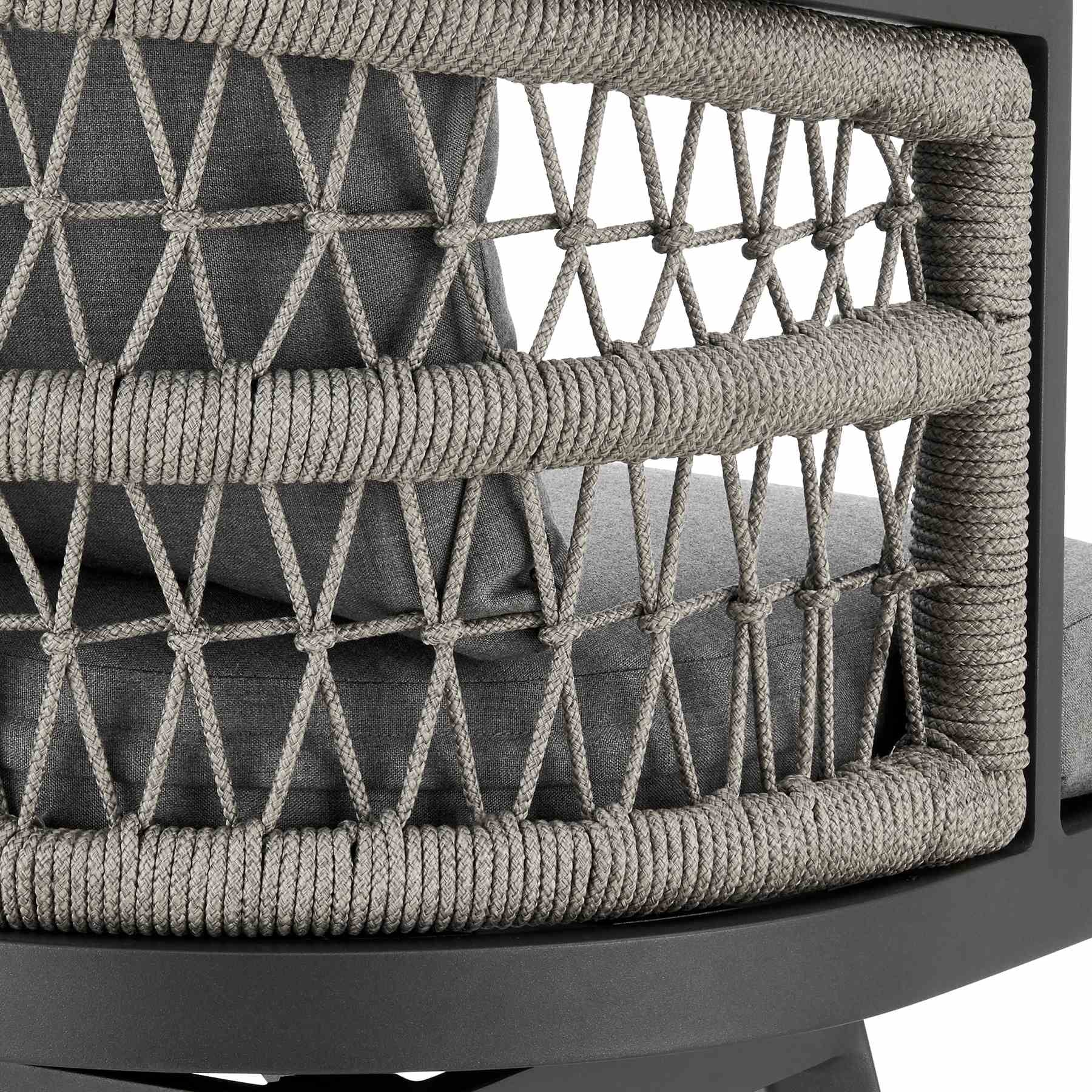 Zella Outdoor Patio Swivel Counter Stool in Aluminum with Light Gray Rope and Earl Gray Cushions - Image 7