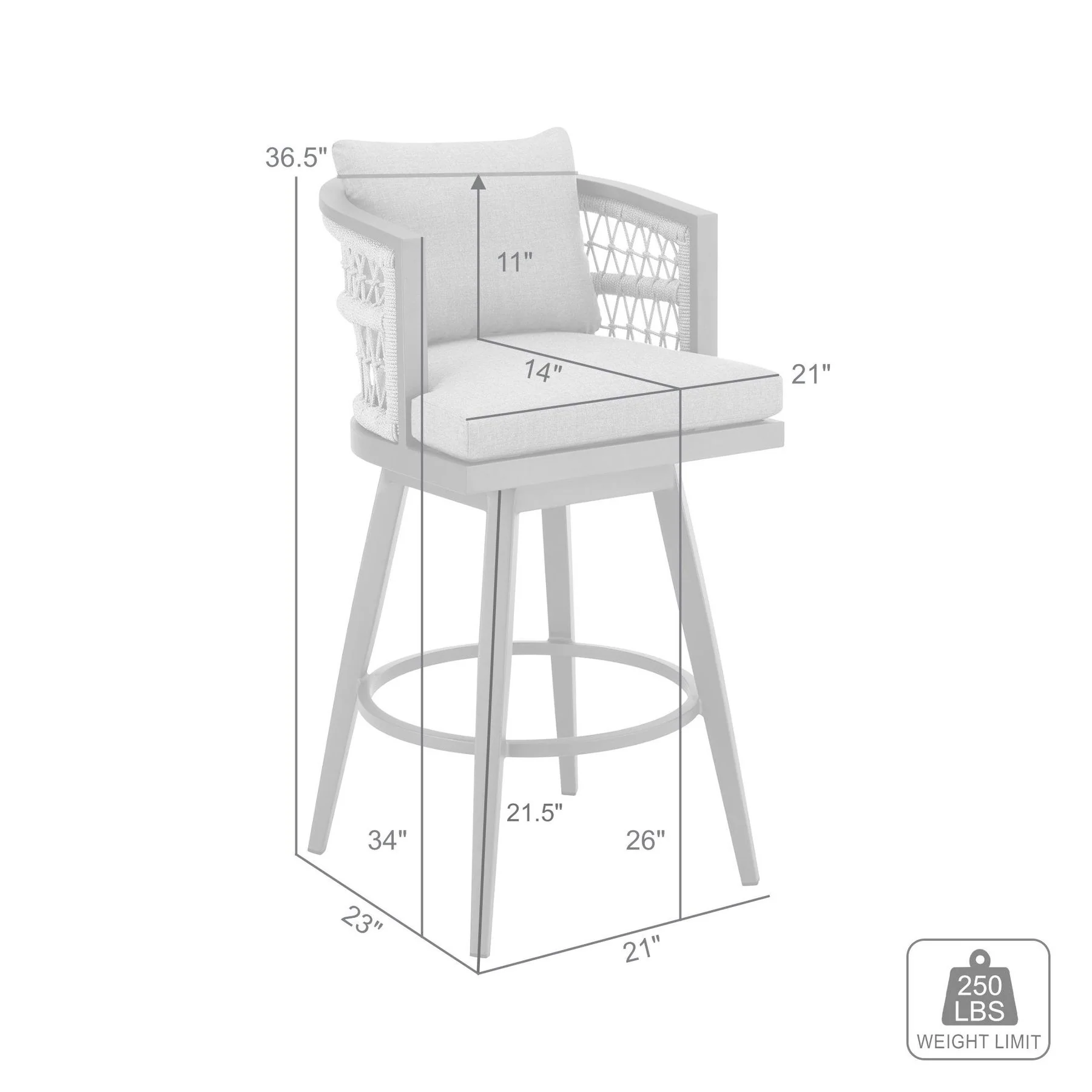 Zella Outdoor Patio Swivel Counter Stool in Aluminum with Light Gray Rope and Earl Gray Cushions - Image 9