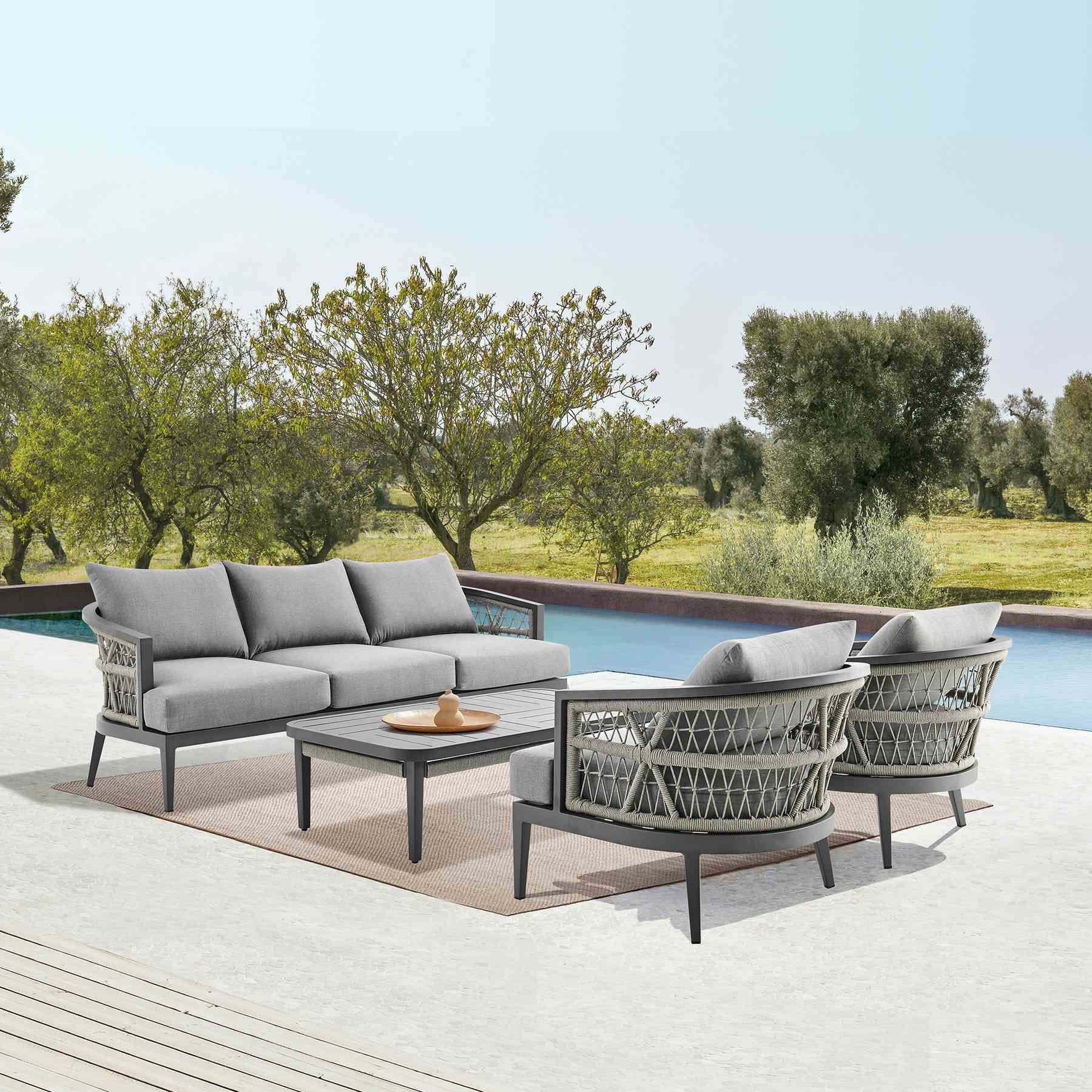 Zella Rectangular Coffee Table in Aluminum with Charcoal Finish and Light Gray Rope - Image 9
