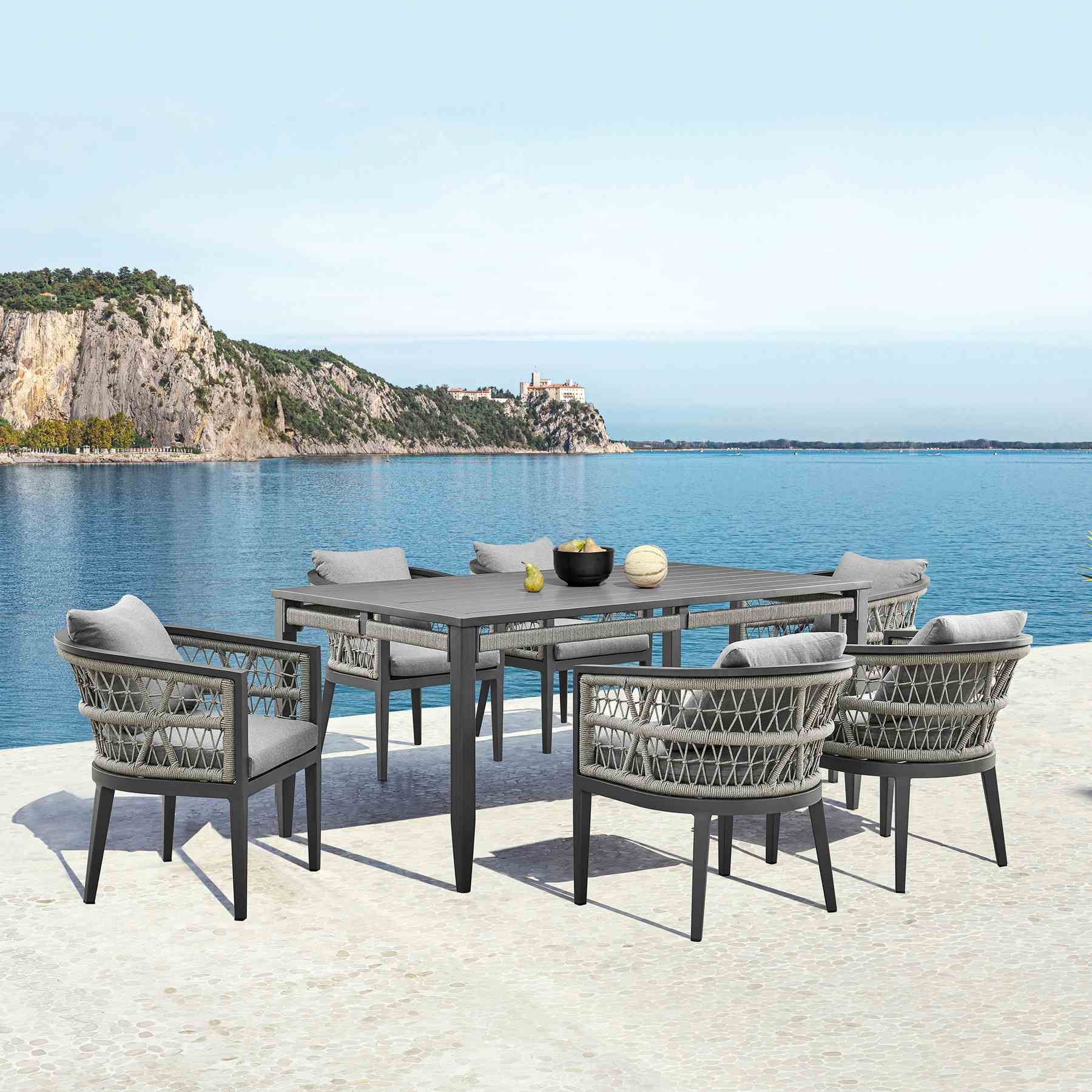 Zella Rectangular Dining Table in Aluminum with Charcoal Finish and Light Gray Rope - Image 9