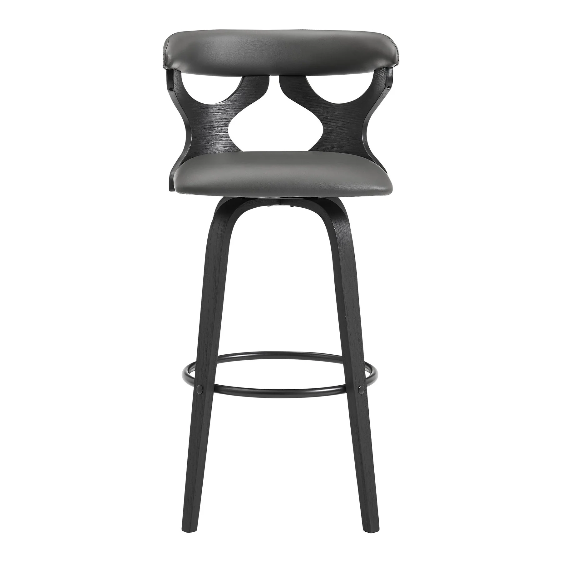 Zenia 26" Swivel Counter Stool in Gray Faux Leather and Black Wood - Image 2