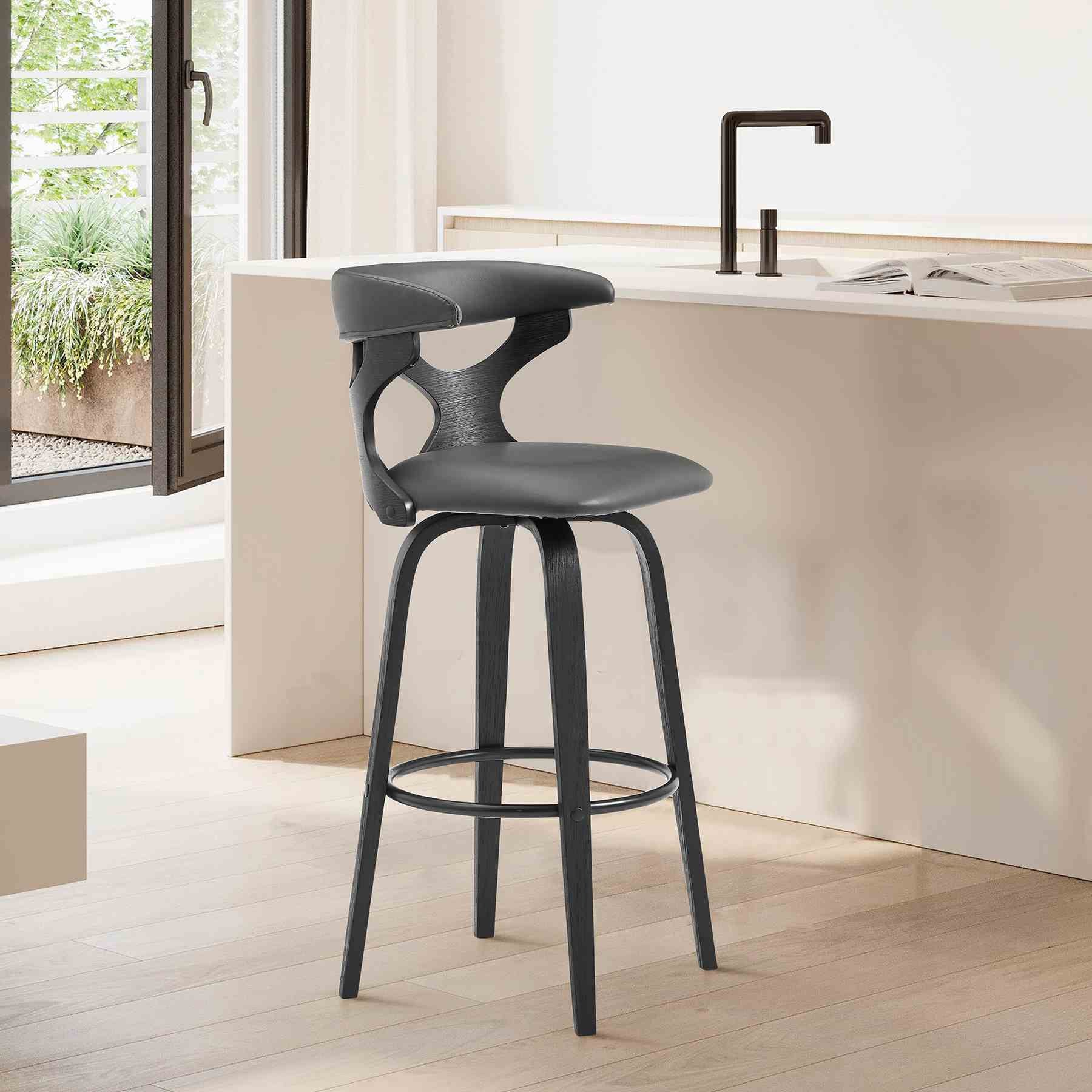 Zenia 26" Swivel Counter Stool in Gray Faux Leather and Black Wood - Image 9