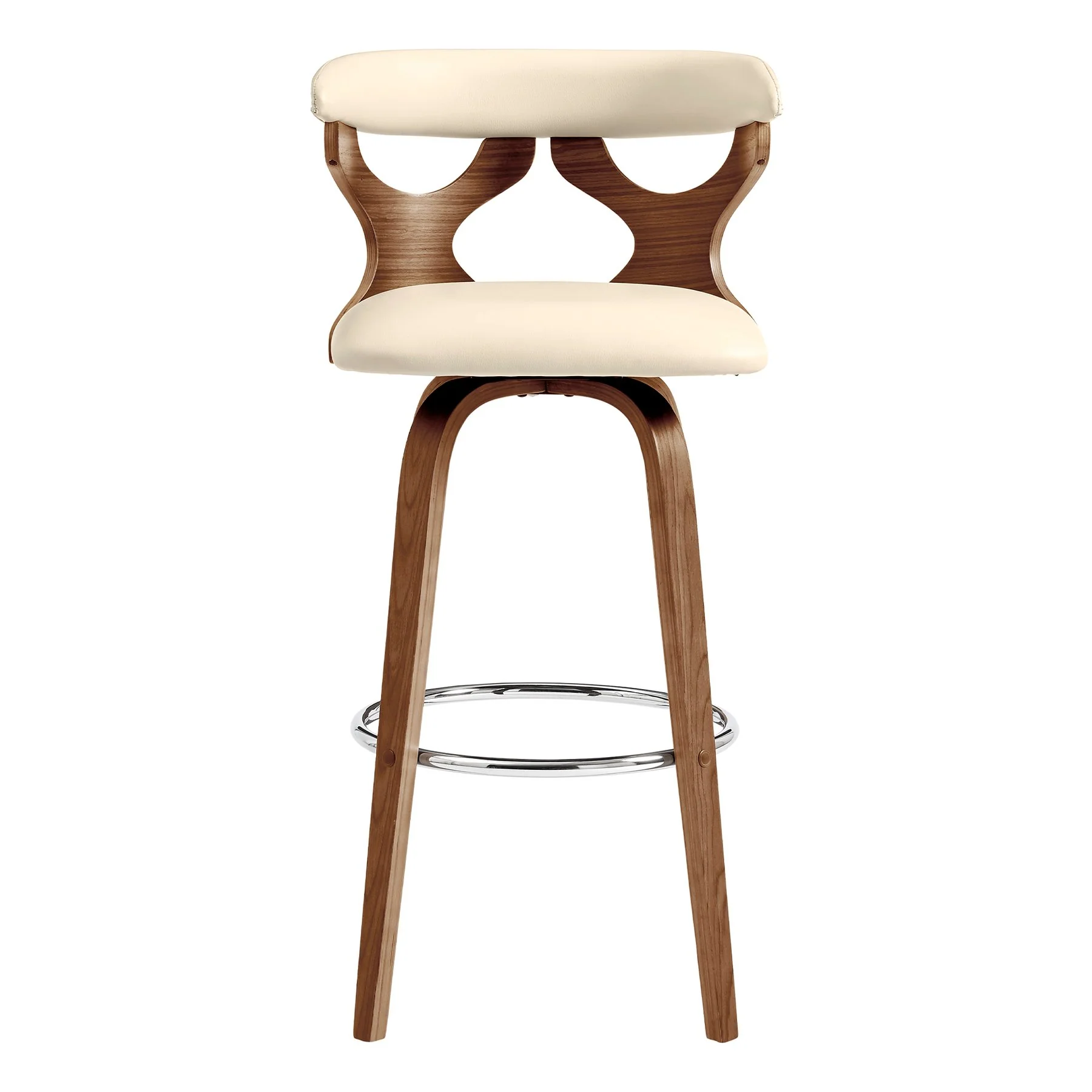 Zenia 30" Swivel Bar Stool in Cream Faux Leather and Walnut Wood - Image 2