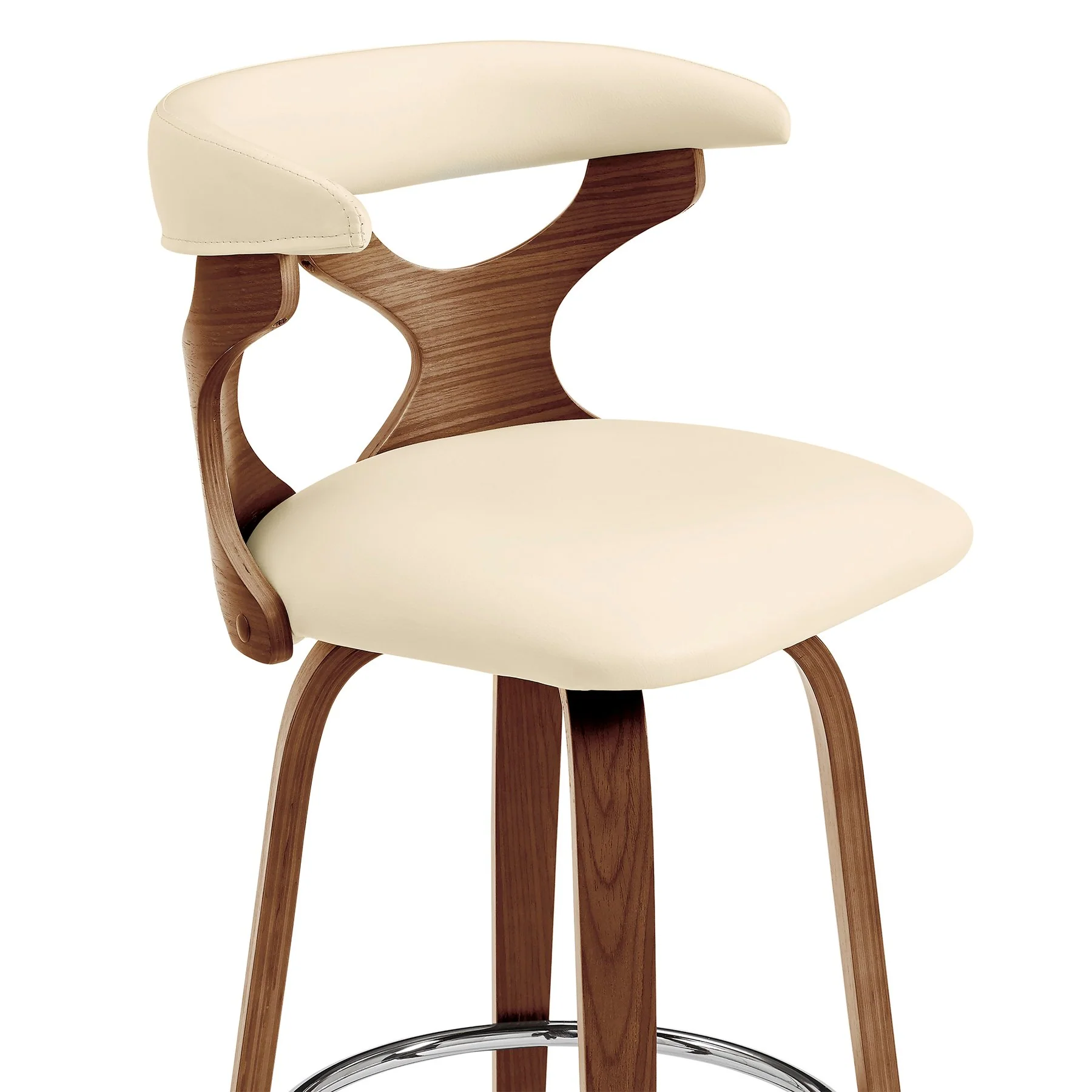 Zenia 30" Swivel Bar Stool in Cream Faux Leather and Walnut Wood - Image 6