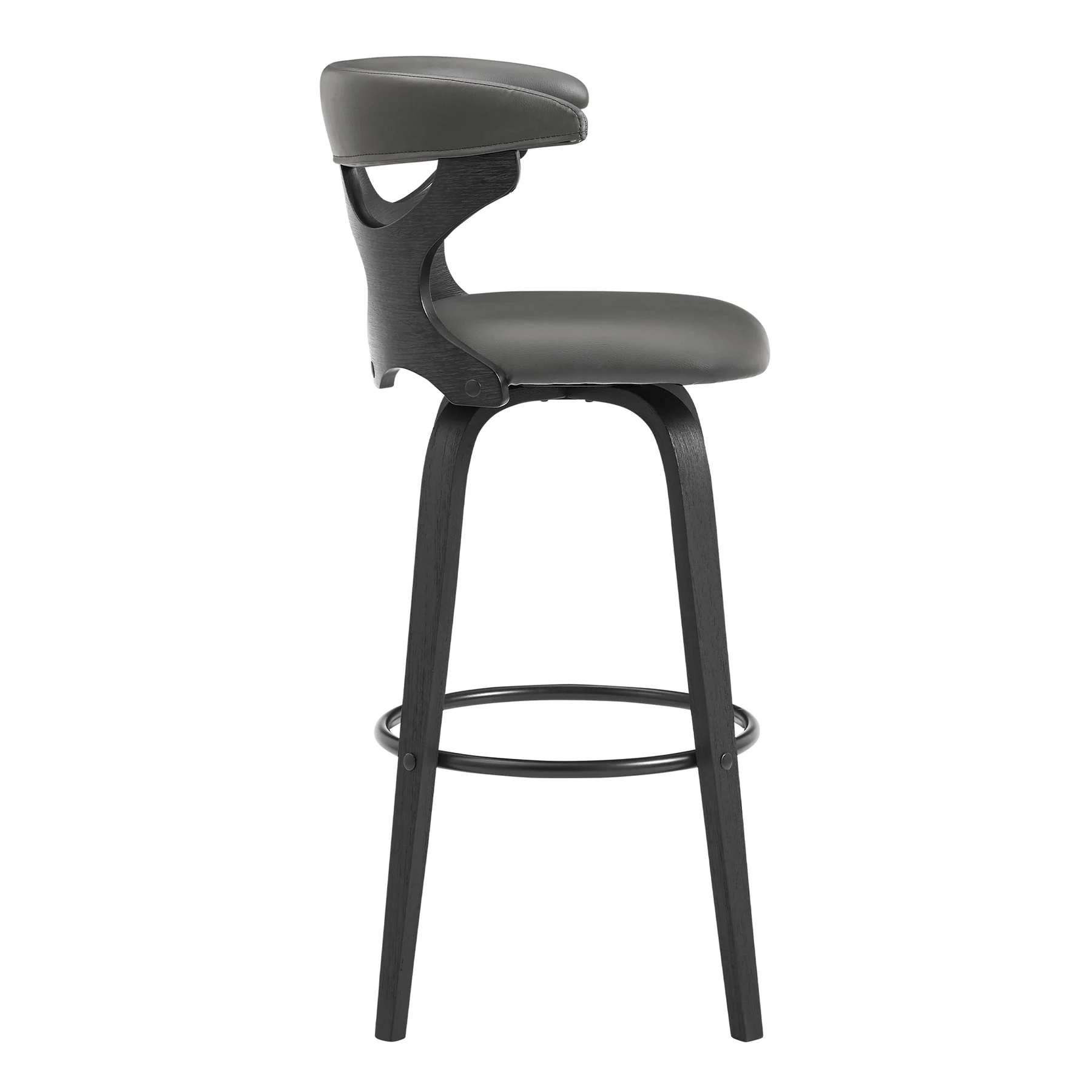 Zenia 30" Swivel Bar Stool in Gray Faux Leather and Black Wood - Image 3