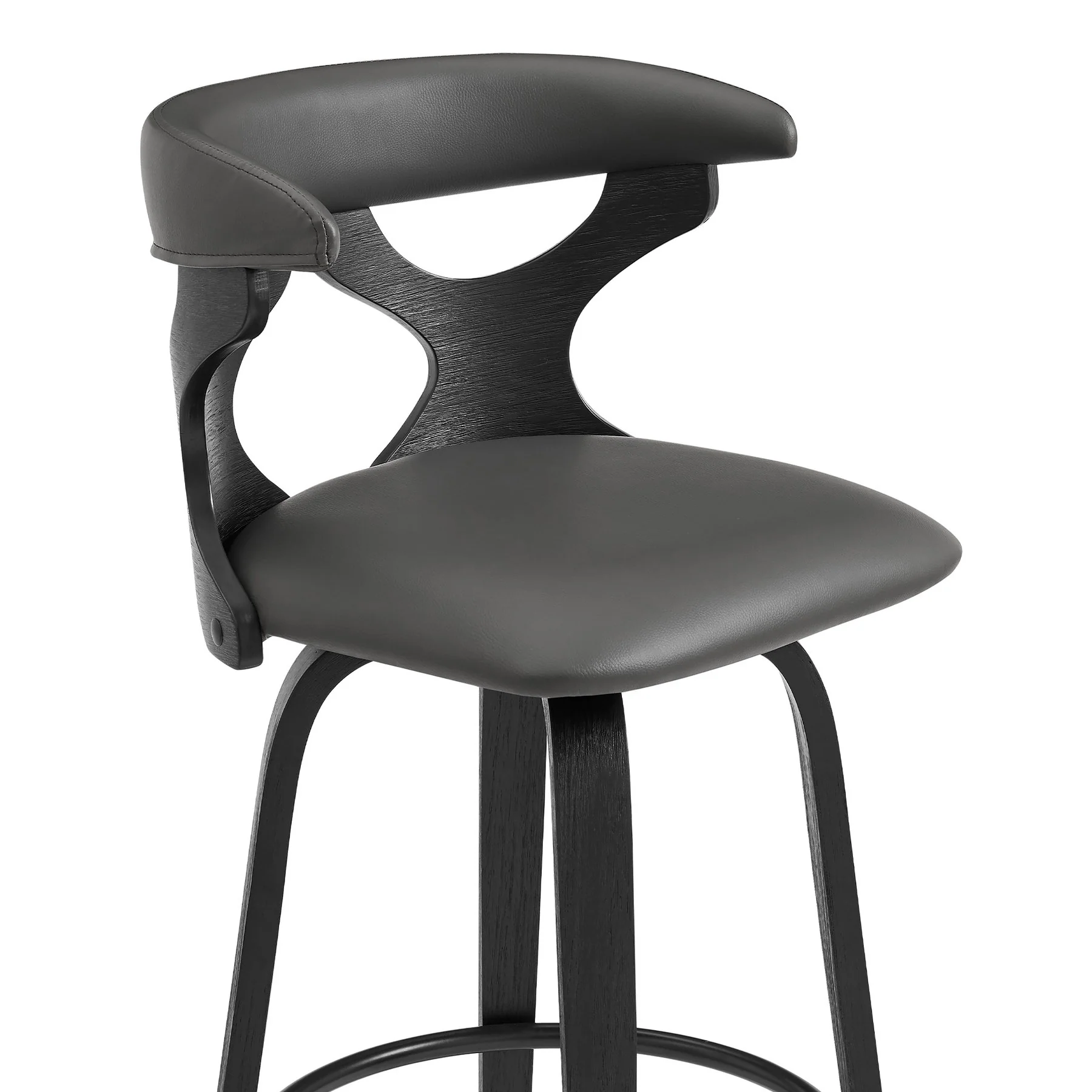 Zenia 30" Swivel Bar Stool in Gray Faux Leather and Black Wood - Image 6