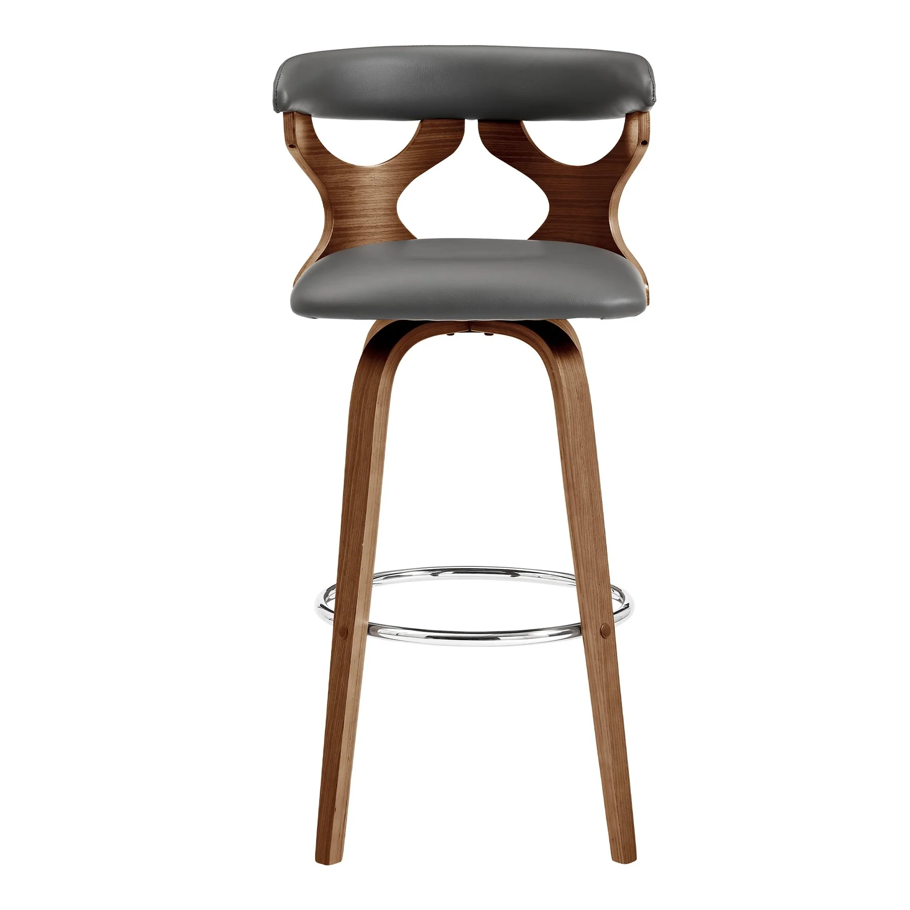 Zenia 30" Swivel Bar Stool in Gray Faux Leather and Walnut Wood - Image 2