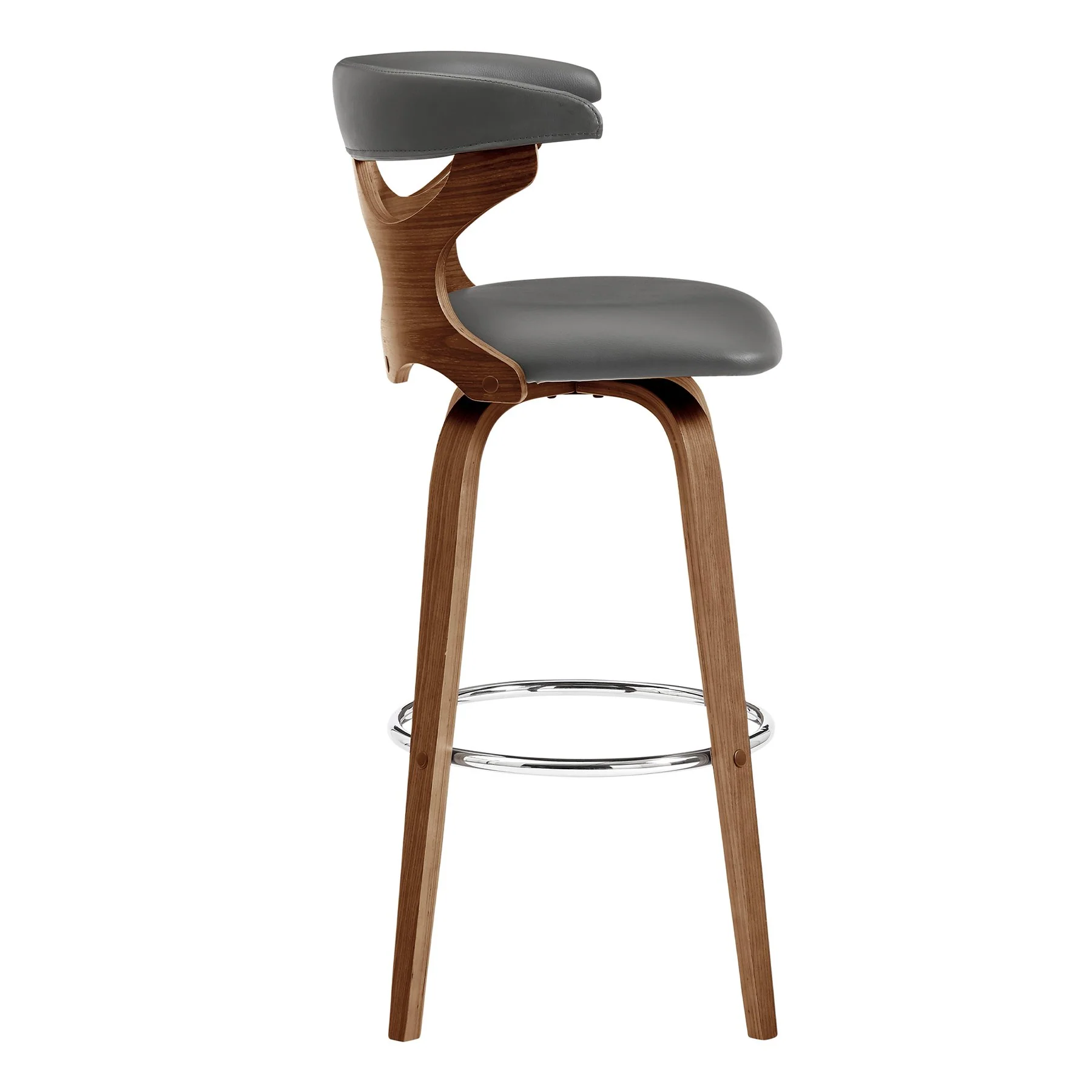 Zenia 30" Swivel Bar Stool in Gray Faux Leather and Walnut Wood - Image 3