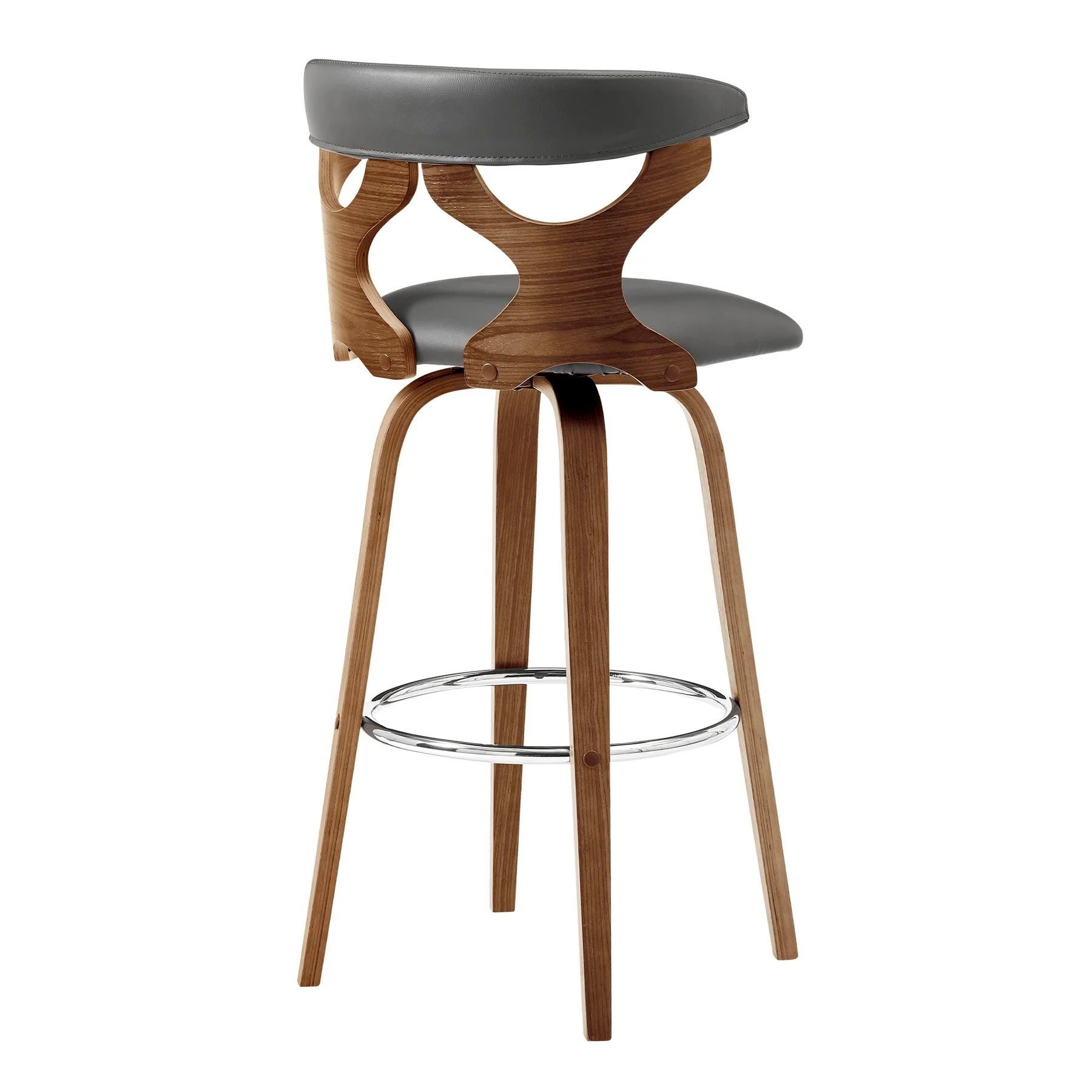 Zenia 30" Swivel Bar Stool in Gray Faux Leather and Walnut Wood - Image 4