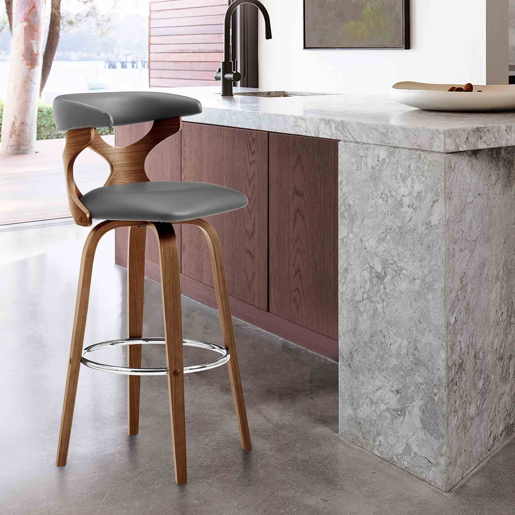 Zenia 30" Swivel Bar Stool in Gray Faux Leather and Walnut Wood - Image 9