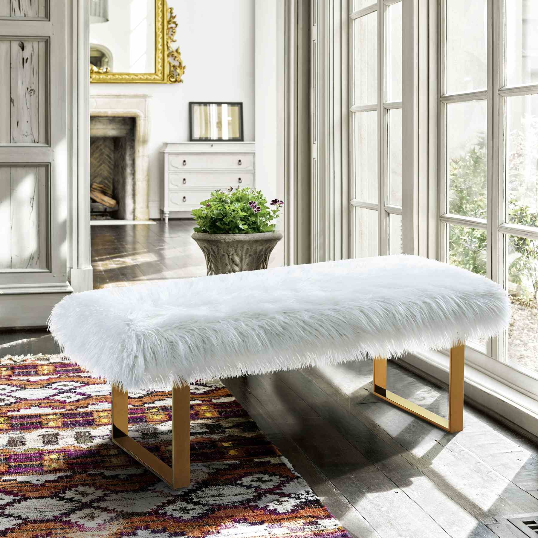 Zinna Contemporary Bench in White Fur and Gold Stainless Steel Finish - Image 3