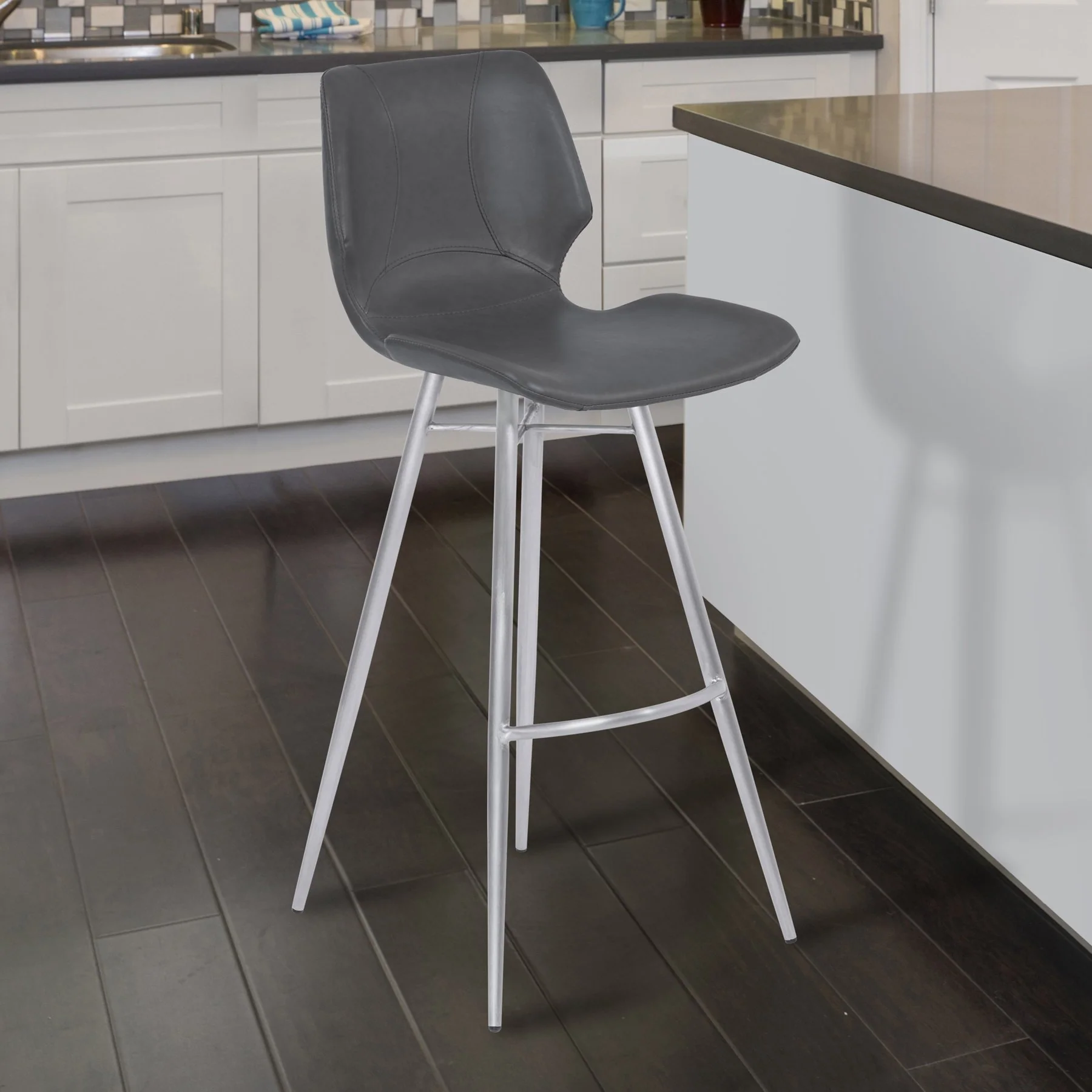 Zurich 26" Counter Height Metal Barstool in Vintage Gray Faux Leather with Brushed Stainless Steel Finish - Image 7